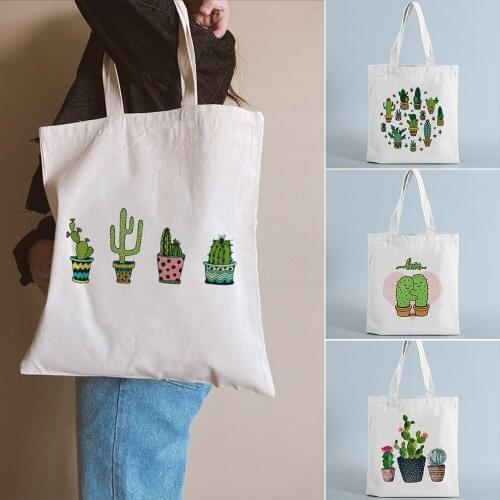 Cactus Print Shopping Bag Handbag Women Canvas Tote Cartoon White Eco High capacity Shopper Shoulder Bags Student School Bags