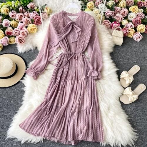 JulyPalette Vintage French Lace-up Bow Chiffon Dress Elegant Ladies Dot Pattern Ruffles Sleeve Dress Holiday Women Maxi Vestidos