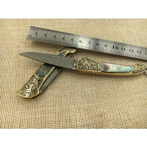Handmade Damascus steel blade Pocket Folding Knife Yellow Brass +Black pearl Handle utility knife engravers brass