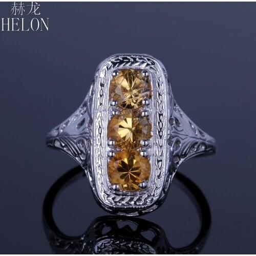 HELON Sterling Silver 925 Round 1.2ct 100% Genuine Citrine Engagement Wedding Ring Women Vintage Trendy Fine Jewelry Gift Party