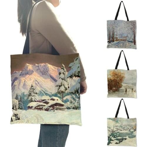 Beautiful Forest Snow Scenery Painting Shopper Bag Women Designer Handbags Printed Large Tote B13173