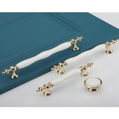 Fashion Ceramic Cabinet Handles Golden Kitchen Cupboard Door Handles Drawer Knobs European White Furniture Pulls