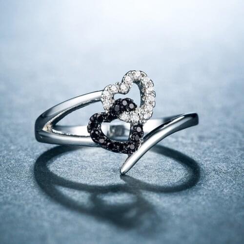 Fashion Classic Double Heart Black CZ White Crystal Rings Lady Cocktail Party Ring Birthday Gifts Women Lovers Jewelry