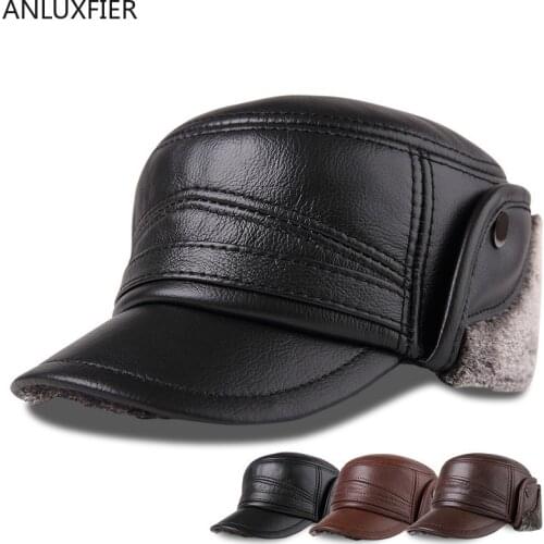 Mens Genuine Leather Hats Adult Winter Warm Baseball Cap Male Winter Warmth Cap Elder Outdoor Ear Protection Hats B-8813