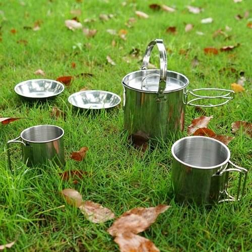 Outdoor Stainless Steel Kettle Pan and Bowl 5 Piece Set Camping Cookware Hanging Pot Water Cup 2-3 People Hanging Kettle