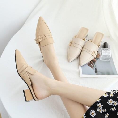 Pointed Half Slippers WomenS New All-Match Half Support Single Shoes Mid-Heel Baotou Summer Wear Mules Sandals