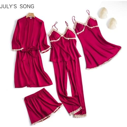 JULYS SONG 5 Piece Sexy Woman Pajamas Set Faux Silk Dressing Gown Lace Satin Sling Shorts Summer Robe Sleepwear Woman Homewear