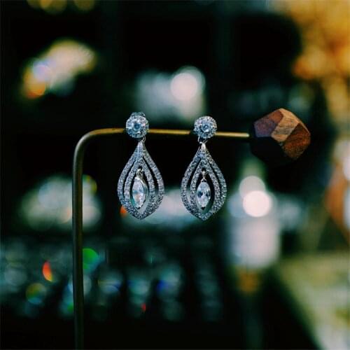 Luxury Female White Crystal Drop Earrings Rose Gold Silver Color Dangle Earrings Dainty Hollow Leaf Wedding Earrings For Women