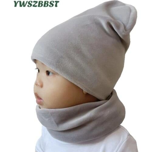 New Fashion Baby Cap Set Velvet Solid Color Baby Head Cover Winter Warm Neck Collar Kids Beanies Sets Plush Children Hats Scarf