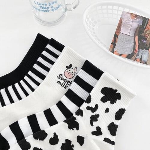 Cow Print Lovely Socks Women Harajuku Retro Japanese Style Cotton Woman Socks Solid Striped Casual Breathable Cartoon Cute Socks