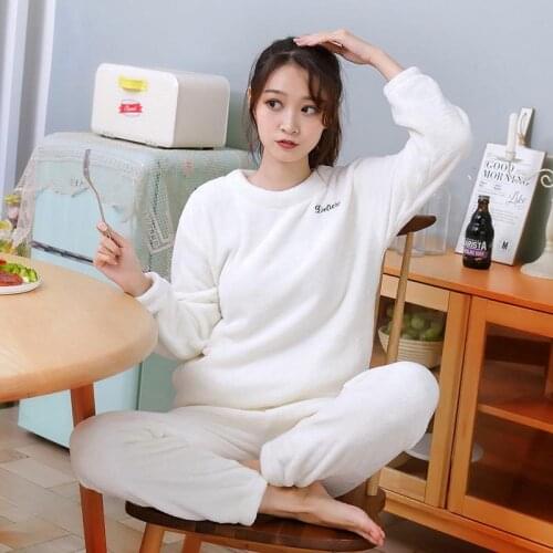 Warm winter Women pajamas solid 2 pcs casual loose sleepwear long sleeves and pants flannel pajamas set home clothes Nightwear