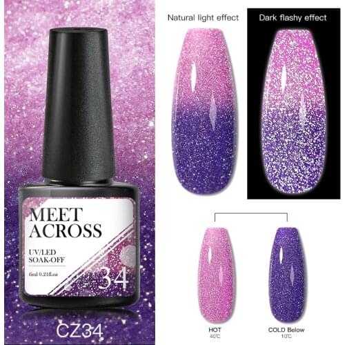 MEET ACROSS Glitter Gel Nail Polish Thermal Color Changing Effect Gel Soak Off UV LED Gel Nail Art Manicure Color Varnish