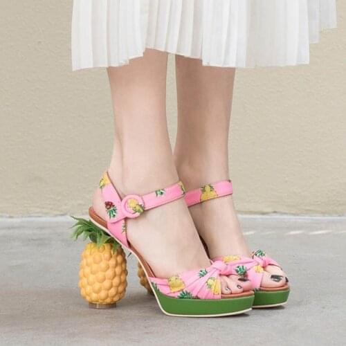 2021 New Genuine Leather Womens Sandals Fashion Pineapple High-heeled Shoes Platform Silk Printing Summer Big Size Lady Shoes