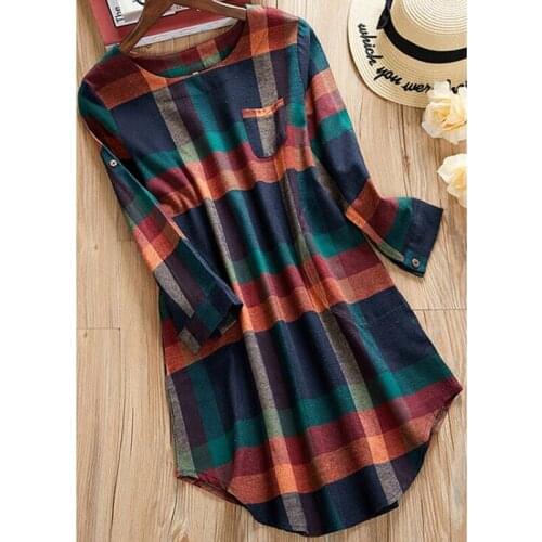 Women Plus Size Long sleeve Pocket Plaid Mini Short Dress AM1127