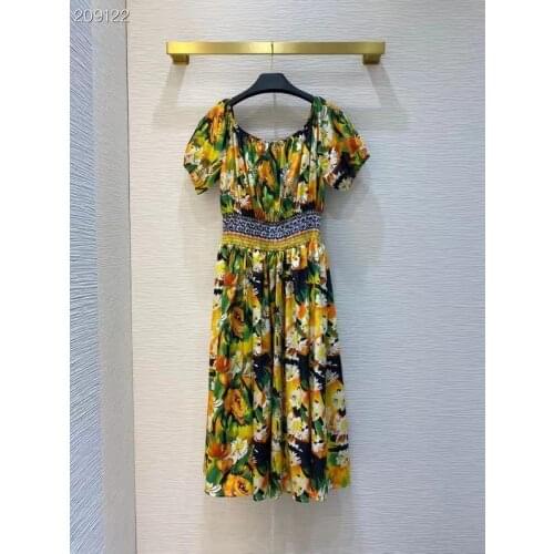 Fashion Runway Summer Dress Women Slash Neck Half Sleeve Flowers Print Waist Elastic Vintage Midi Dress Vestidos