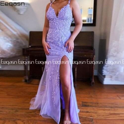 Sexy Lavender Long Prom Dresses 2021 Mermaid V Neck Side Slit African Black Girls Backless Graduation Evening Gown
