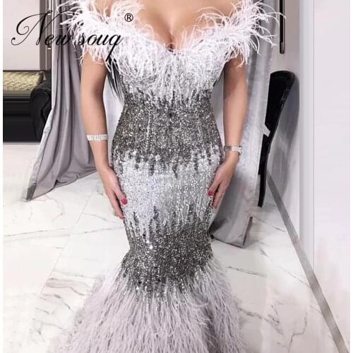 Robe De Soiree Feathers Long Evening Dresses Mermaid 2020 Custom Beaded Middle East Prom Dress Saudi Arabic Women party Gowns