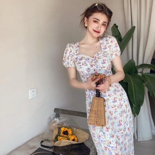 Summer Vintage Puff Sleeve Dress Women Floral Square Collar Side Split Midi Dress Fashion Slim Black Sexy Party Vestidos 2021