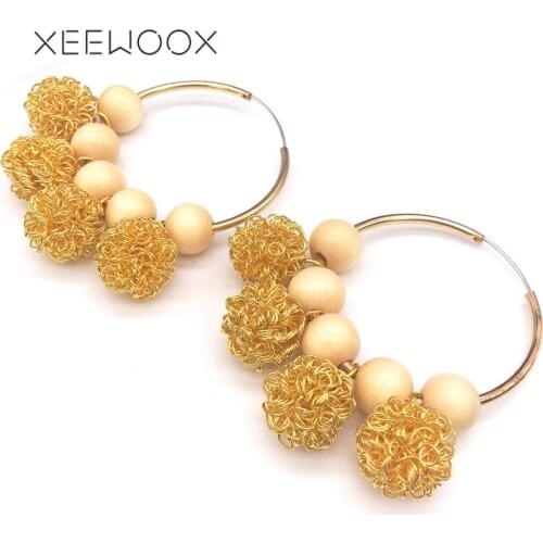 Big Circle Big Golden Color Wire Ball Wooden Bead Acrylic Block Long Statement Woman Man Girl Drop Earring XEEWOOX Design
