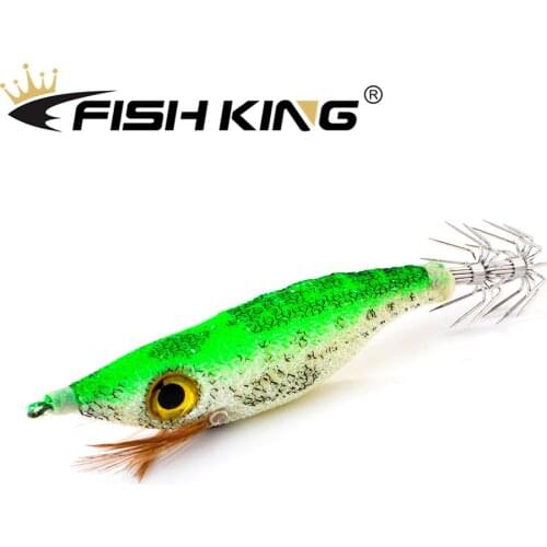 FISH KING 1pcs Fishing Lure 10cm 8g Big Eyes Light Wood Luminous Shrimp Squid Lure Jigging Lures Squid Jigs Hook Baits 5 colors