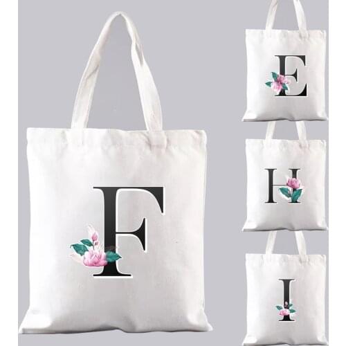 Canvas Shopping Bag Classic White Student Tote Bags Harajuku Style 26 English Alphabet Print Series Handbag Shoulder Shopper Bag