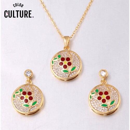 Fine costume Jewelery Set Earrings Zircon Necklace Enamel flower vintage sets Round Pendant New Year gifts