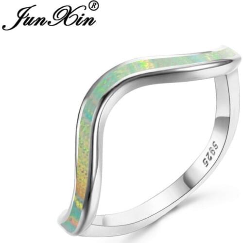 Minimalist Blue White Fire Opal Wave Rings For Women Men Silver Color Rainbow Birthstone Wedding Thin Ring Band Jewelry