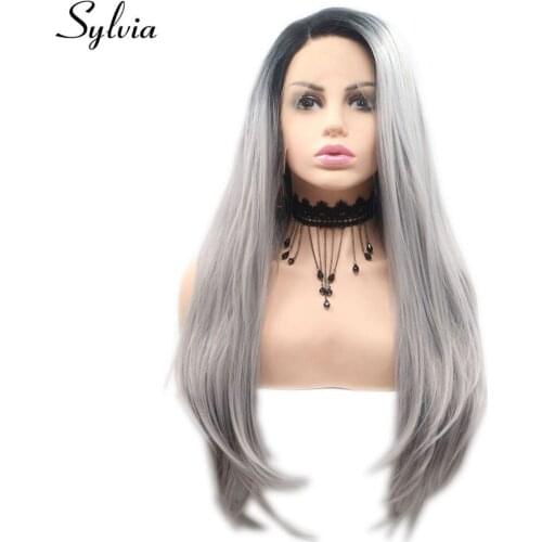 Sylvia Ombre Grey Natural Straight Hair Synthetic Lace Front Wig Dark Root Glueless Wig For Women Heat Resistant Half Hand Tide