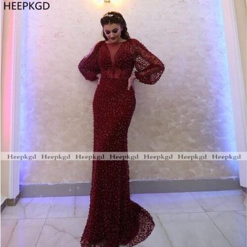 Luxury Burgundy Long Sleeves Mermaid Prom Dresses Floor Length Beads Tulle Formal Occasion Arabic Women Party Gowns Prom