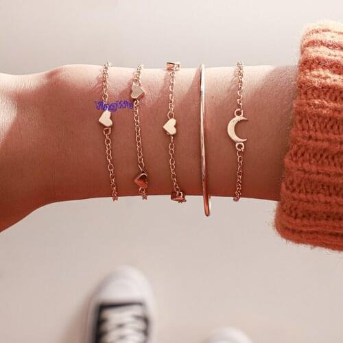 Boho 5pcs/sets Luxury Moon Bracelets Gold Heart Shiny Crystal Stone Chain Jewelry for Women Accesorios