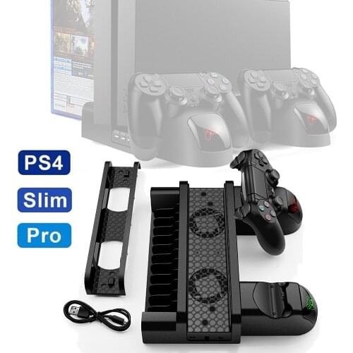 PS4/ PS4 Pro/ PS4 Slim Console Vertical Stand 2 Controller Charging Dock 2 Cooling Fan 10 Games Storage for Sony Playstation 4