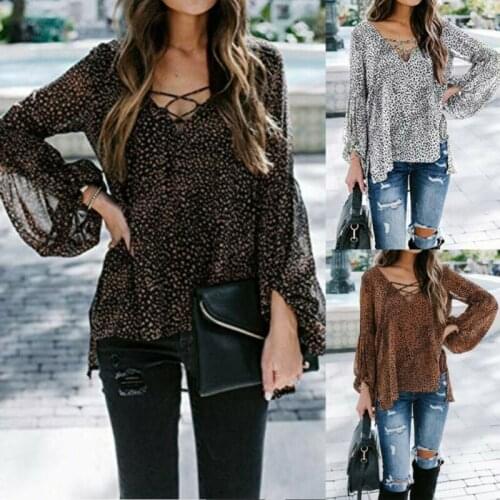 Casual Womens Print Long Sleeve Shirt V-neck Long Sleeve T-Shirt Tee Tops
