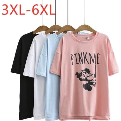New 2021 Ladies Summer Plus Size Tops For Women Large Short Sleeve Loose Cotton Pink Print Cartoon O-neck T-shirt 4XL 5XL 6XL