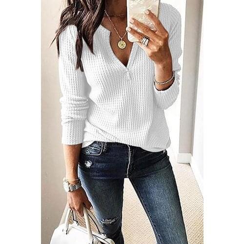 Womens V Neck T Shirts Casual Solid Long Sleeve Waffle Knit Loose Top