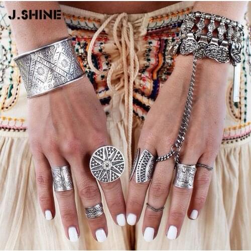 JShine New Boho Vintage Rings Bohemian Carved Elephant Leaf Hollowed Antique Rings for Women Ethnic Jewelry Accessories