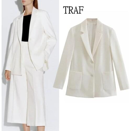 TRAF Za White Women Blazer 2021 Fashion Office Ladies Jackets Long Sleeve Loose Coat + High Waist Straight Pants Chic Pocket Top