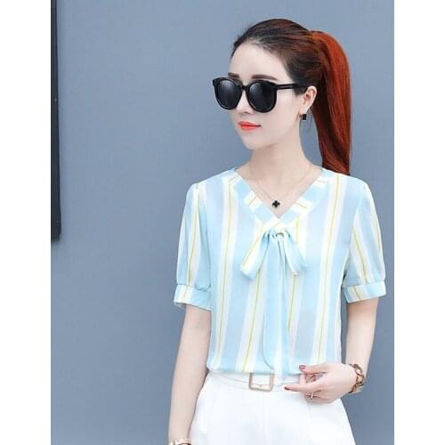 2018 New Design Women Spring Summer Style Chiffon Blouses Shirts Lady Casual Striped V-Neck Bow Tie Blusas Tops DD1746