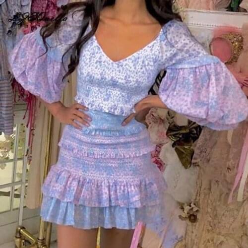 Sexy V neck Ruffles Floral Print Lantern Long Sleeve Boho Dress Women Elastic Ruched Mini Party Dresses Slim Fit Beach Vestido