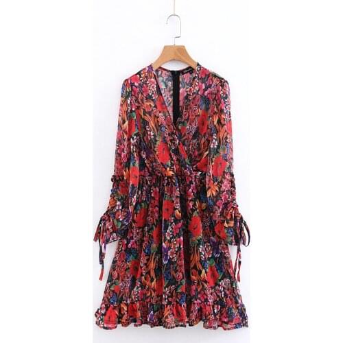 Womens Summer Dress 2020 New Drawstring Cuffs Floral Print Dress Lady Cross V Neck Long Sleeve Ruffle Casual Chiffon Dress
