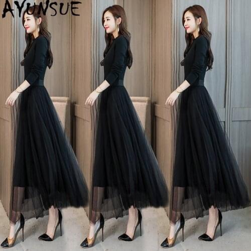 2020 Woman Knitted Sweater Dress Elegant Black Autumn Winter Dress Mesh Long Dresses for Women Clothes Vestidos Mujer 8A310 KJ