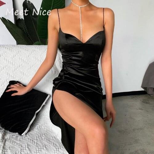 Sexy Spaghetti Strap Side Split Evening Party Dress Women Ruched V Neck Bodycon Midi Dresses Burgundy Black Night Club Dress