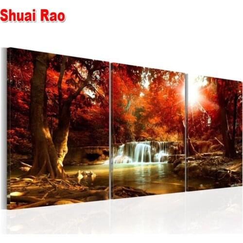 3 Piece Diamond Embroidery Full Round,Maple Waterfall Nature Landscape Diamond Painting Mosaic diamond stitch kit Triptych