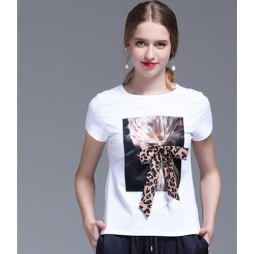 95% Cotton Leopard Bow T-shirt Female Summer Tops Kawaii Black Tee Shirt Femme White T shirt Short Sleeve Women Casual TShirt