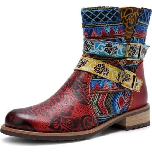 Bohemian Style Women Floral Printed Ankle Boots Folk Casual Biker Riding Boots Buckle Low Heels Cow Real Leather Shoes Footwear