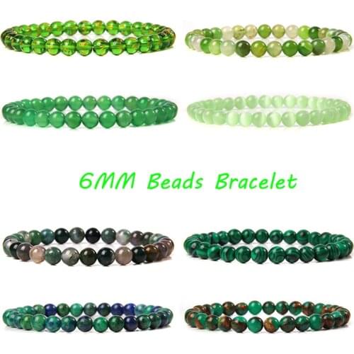Green Natural Stone 6MM Beads Bracelets For Women Men Pray Heath Agates Cat Eye Stretch Elastic Rope Bangles Pulseras Jewellery