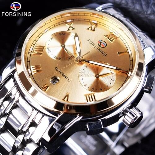 Forsining Waterproof Stainless Steel Golden Luxury Design Calendar Mens Mechanical Watches Top Brand Luxury Automatic Clock