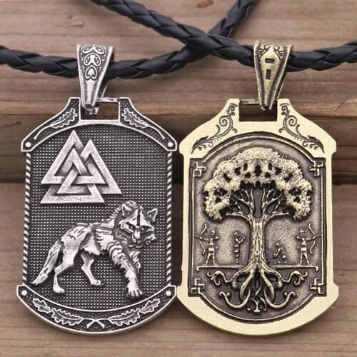 Double Side Viking Odin Celt Wolf Three Triangle Pendant Tree of world arrow warrior trinity Necklace for Men Amulet Jewelry