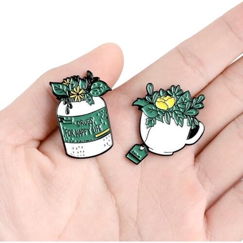 Green Plant Pins Drugs For Happy Life Backpack Lapel Badge Nature Jewelry Gift Brooches Bottle Cup Leaf Enamel Pin For Women Men