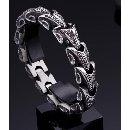 Gothic Style Drogan Snake Link Chain Men Bracelet Vintage Black Stainless Steel Rock Heavy Bracelets Bangles Punk Jewelry