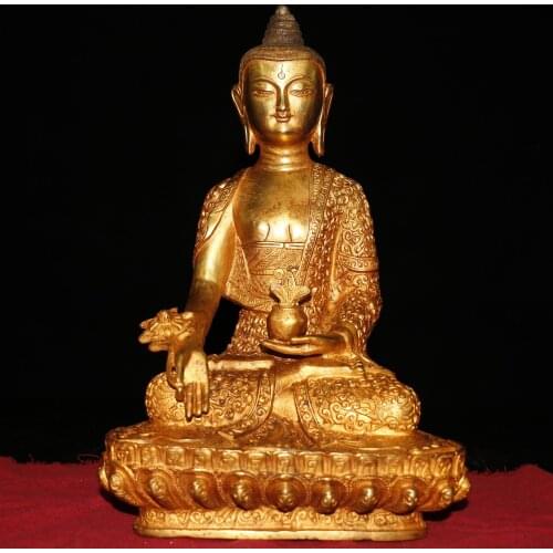 12"Chinese temple collection Old Bronze Gilt Real gold Medicine Buddha Shakyamuni Sitting Buddha Enshrine the Buddha